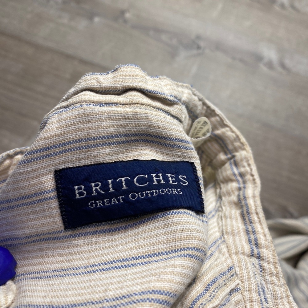 Britches Shirt Men L Beige Blue Striped Cotton Linen Band Collar USA Grandfather - Picture 2 of 8